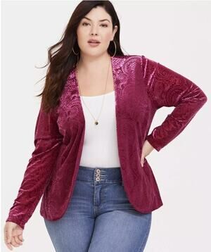 Torrid Burnout Velvet Blazer Cardigan Womens Size 3X Beet Red Open Topper